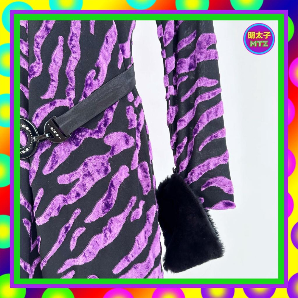 二手 黑紫配色 織紋絨 輕薄 彈性 拼接 緞面 腰飾 可拆袖毛 長袖 洋裝 E1208 【明太子 古著應召站】-細節圖2