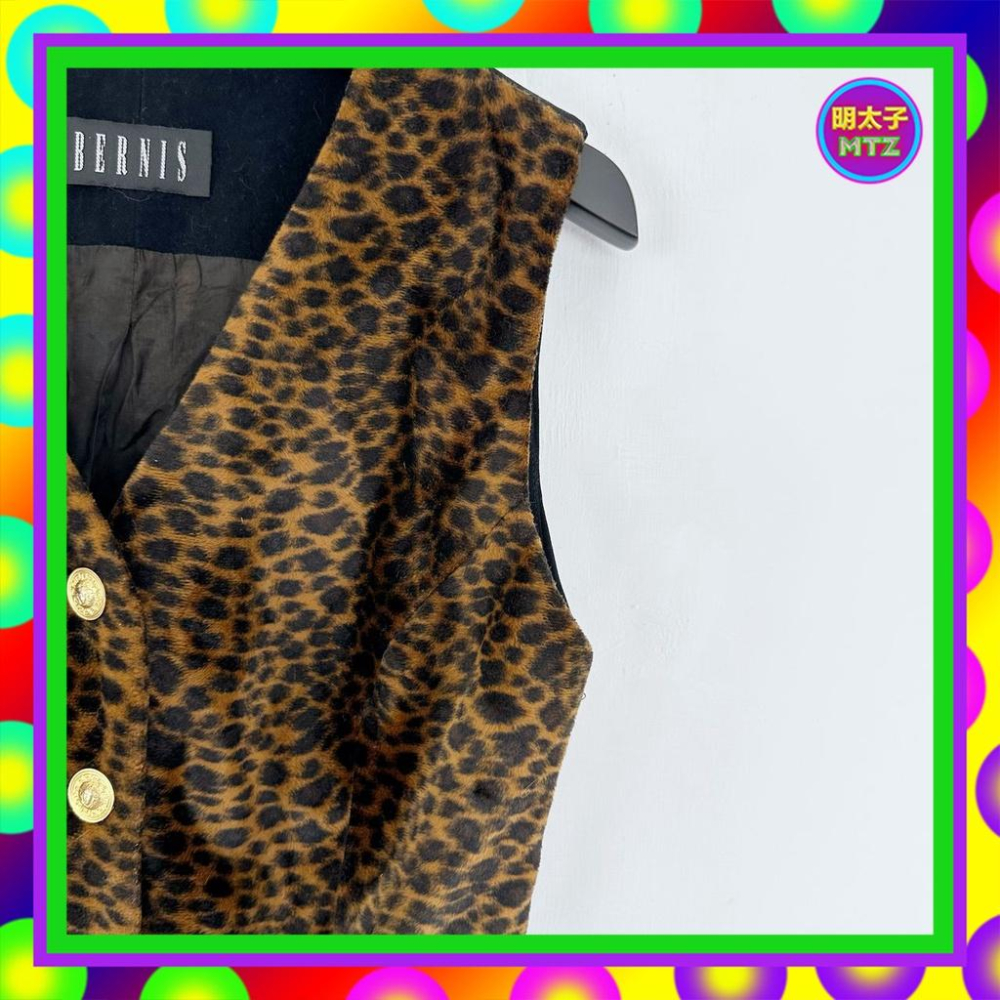 二手 BERNIS 咖黑 豹紋 絨面 排釦 背心 E1205 【明太子 古著應召站】-細節圖2
