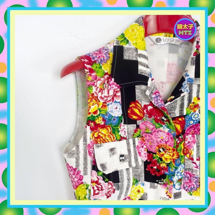 二手 彩色 印花 排釦 口袋 背心 E1128B 【明太子 古著應召站】-細節圖2