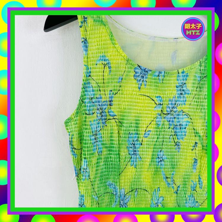 二手 螢光綠藍配色 格織紋 印花 輕薄軟 彈性 腰綁帶 無拉鍊 洋裝 E1128 【明太子 古著應召站】-細節圖2