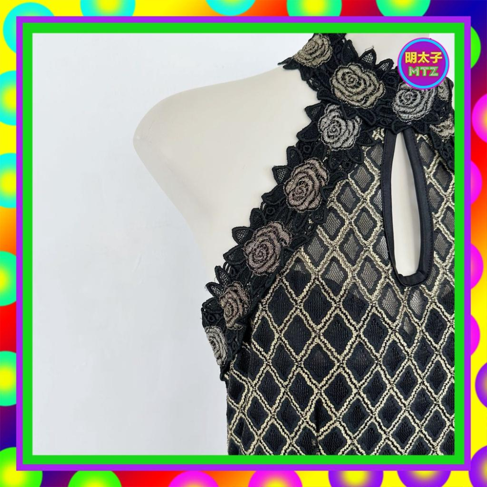 二手 黑金配色 細網 織紋 輕薄軟 微彈性 拼接 蕾絲 削肩 微魚尾 合身 洋裝 E1128 【明太子 古著應召站】-細節圖2
