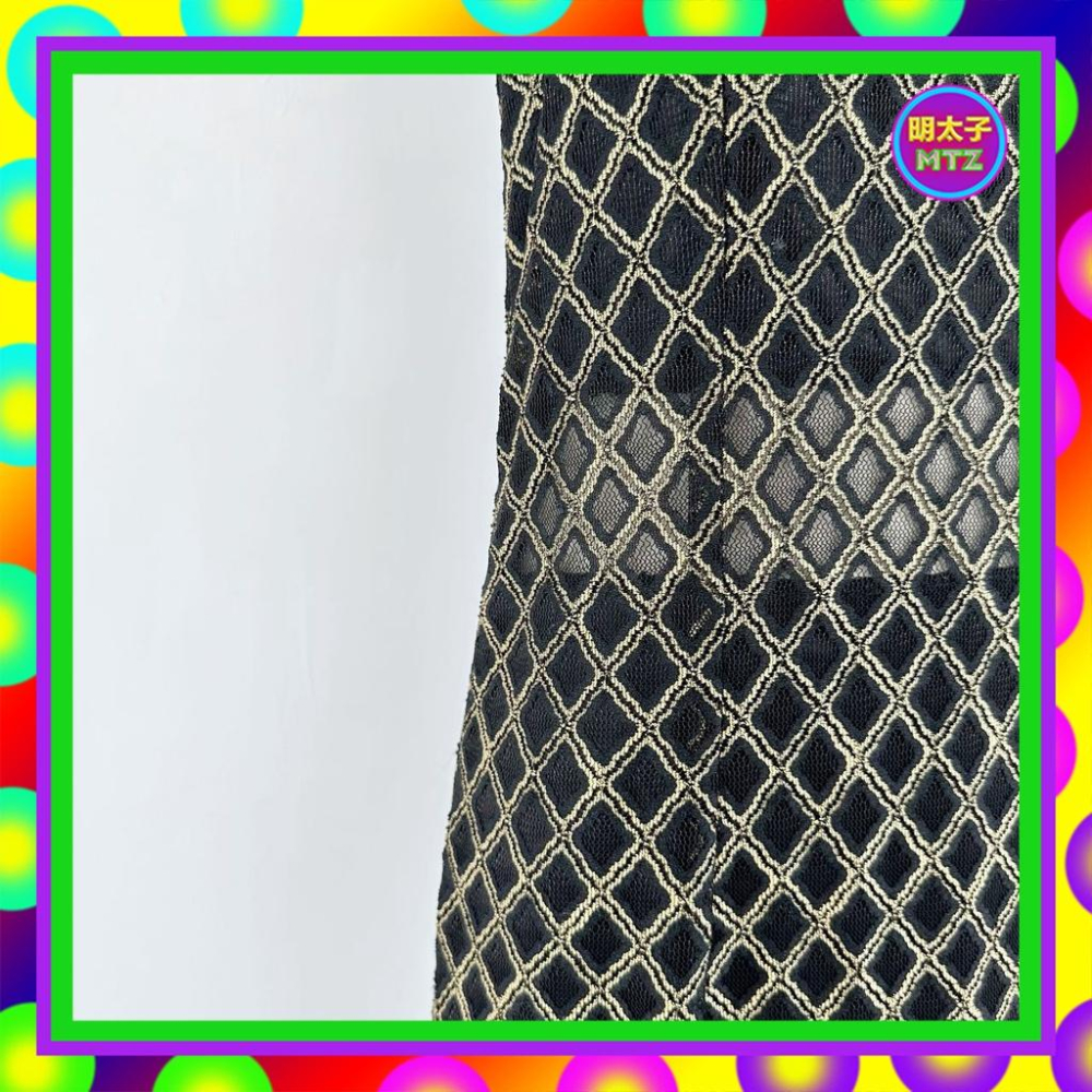 二手 黑金配色 細網 織紋 輕薄軟 微彈性 拼接 蕾絲 削肩 微魚尾 合身 洋裝 E1128 【明太子 古著應召站】-細節圖3