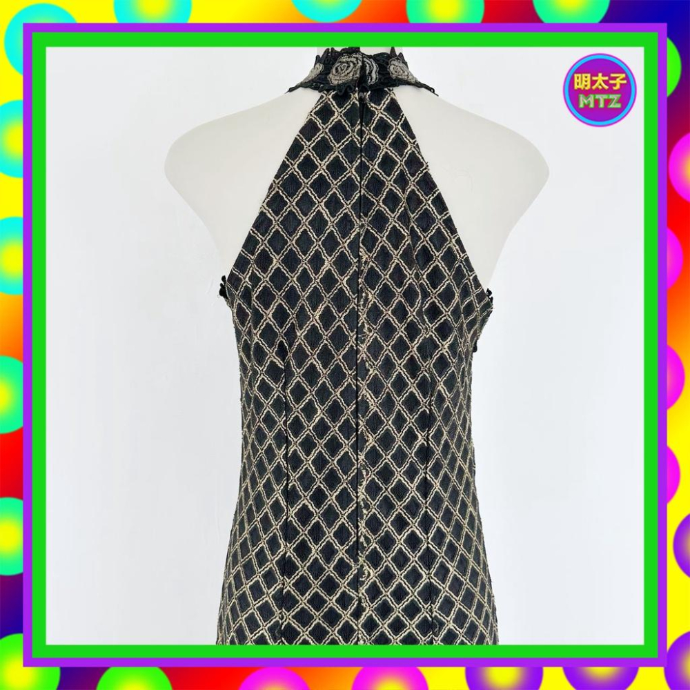 二手 黑金配色 細網 織紋 輕薄軟 微彈性 拼接 蕾絲 削肩 微魚尾 合身 洋裝 E1128 【明太子 古著應召站】-細節圖4