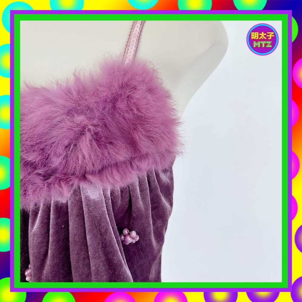 二手 紫色 絨面 珠飾 毛毛 彈性 亮片肩帶 背心 E1128 【明太子 古著應召站】-細節圖2