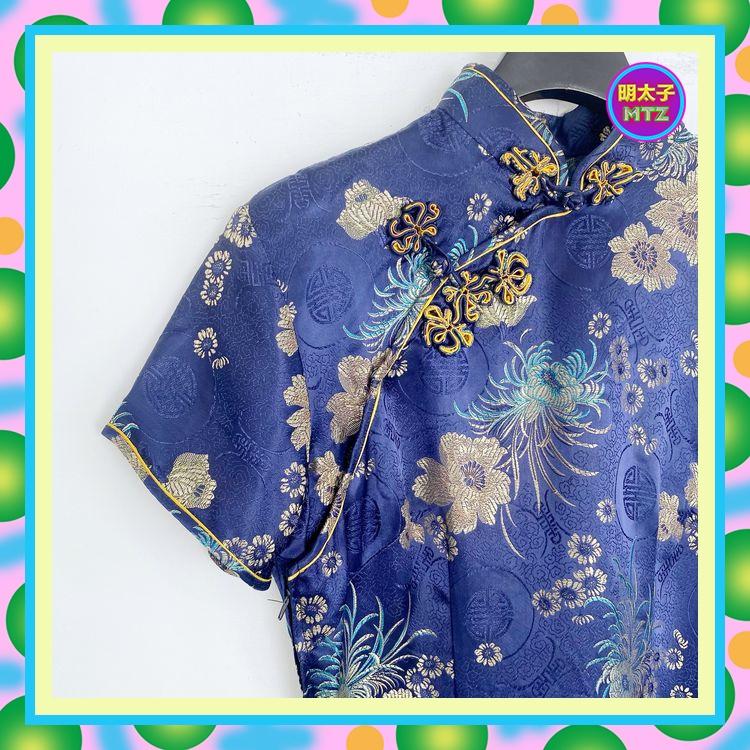二手 藍色 緞面 刺繡 輕薄 無內裡 古董訂製 旗袍 短袖 洋裝 E1128 【明太子 古著應召站】-細節圖2