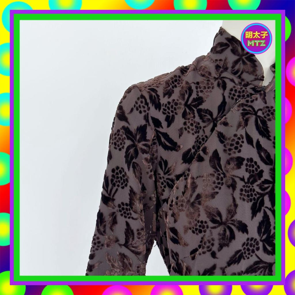 二手 咖啡色 絨緹花 古董訂製 旗袍 長袖 洋裝 E1128 【明太子 古著應召站】-細節圖2