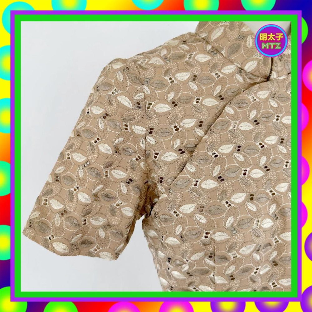 二手 藕卡其色 繡花 無內裡 古董訂製 旗袍 短袖 洋裝 E1128 【明太子 古著應召站】-細節圖2