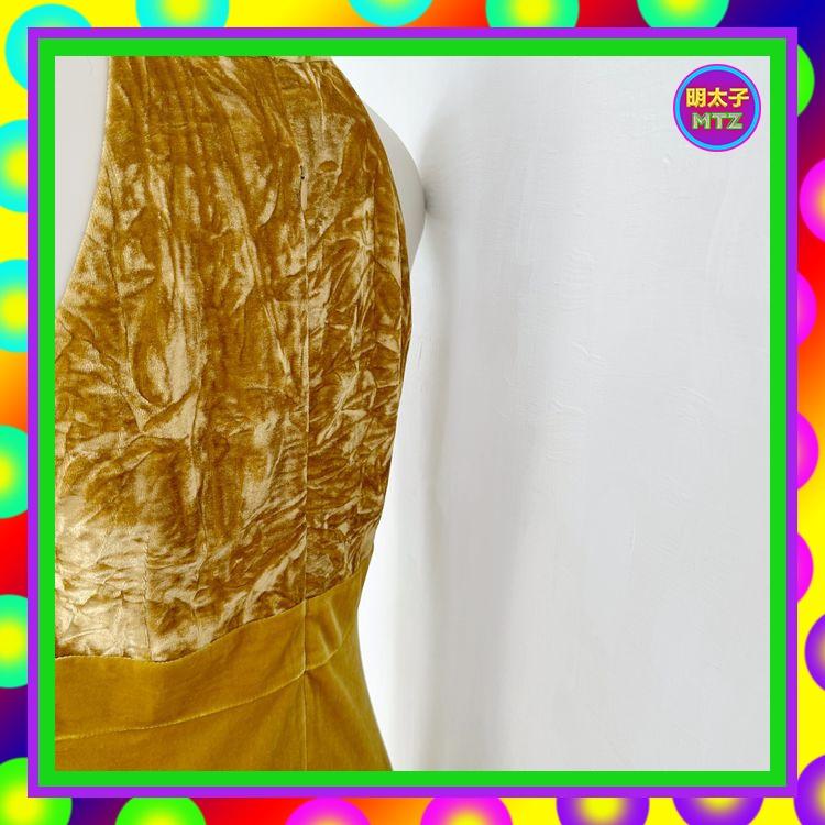 二手 棕黃色 絨布 略彈性 拼接 罩杯 削肩 禮服 洋裝 E1116 【明太子 古著應召站】-細節圖3