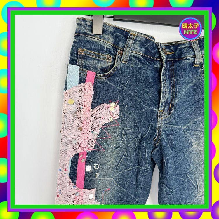 二手 深藍色 牛仔 刷紋 彈性 拼接 鑽飾 蕾絲 亮片 微喇叭 低腰 29 長褲 E1109B 【明太子 古著應召站】-細節圖2