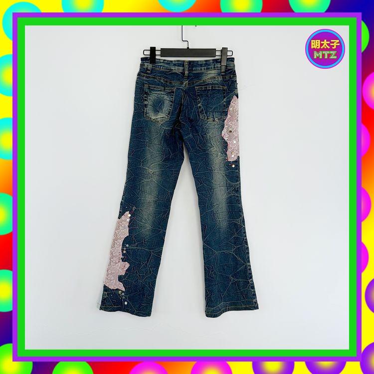 二手 深藍色 牛仔 刷紋 彈性 拼接 鑽飾 蕾絲 亮片 微喇叭 低腰 29 長褲 E1109B 【明太子 古著應召站】-細節圖3