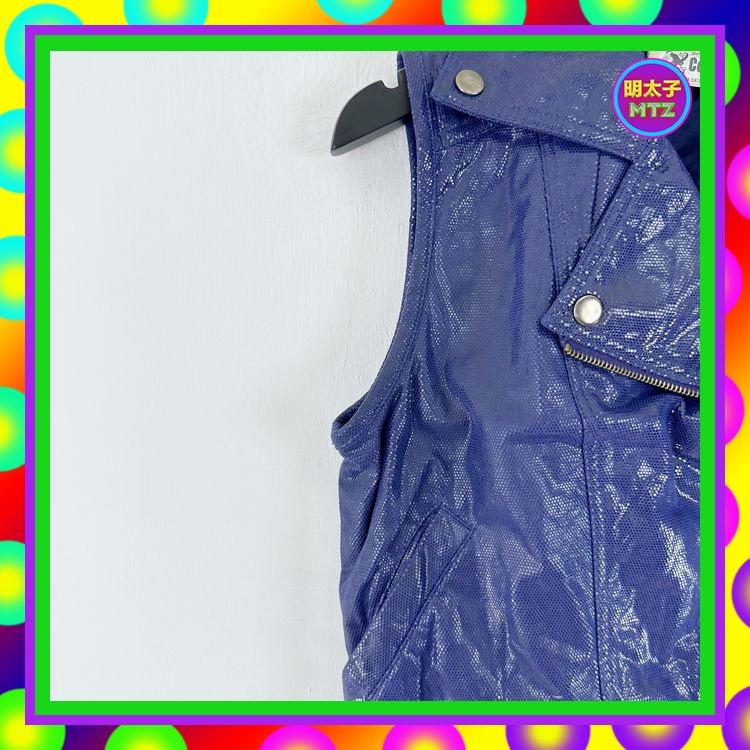 二手 COLOR 藍色 亮面仿皮感 拉鍊 背心 E1107 【明太子 古著應召站】-細節圖2