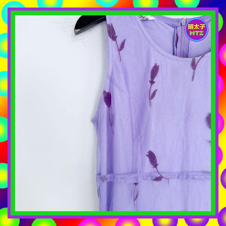 二手 紫色 雙層 外細網印花絨 腰綁帶 合身 洋裝 E1013 【明太子 古著應召站】-細節圖2