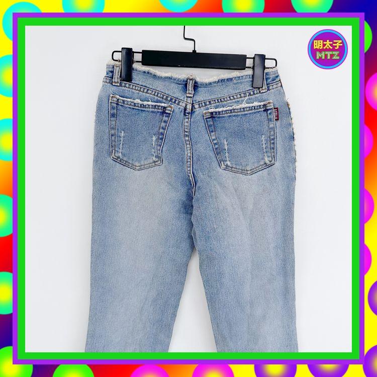 二手 藍色 牛仔 鬚鬚 喇叭 中低腰 27 長褲 E1014 【明太子 古著應召站】-細節圖2