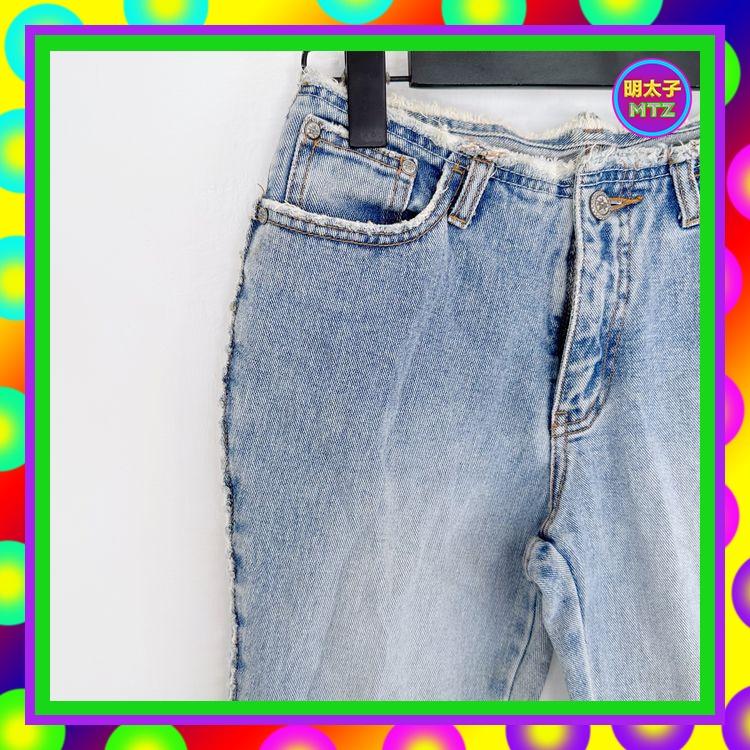 二手 藍色 牛仔 鬚鬚 喇叭 中低腰 27 長褲 E1014 【明太子 古著應召站】-細節圖3