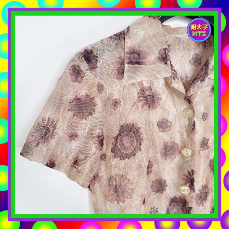 二手 咖啡色 印花 壓皺 半透 彈性 短袖 襯衫 E926 【明太子 古著應召站】-細節圖2