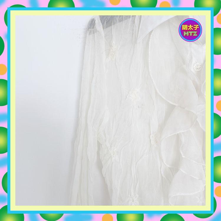 二手 白色 壓皺 織花 透明 彈性 長袖 襯衫 E919 【明太子 古著應召站】-細節圖2