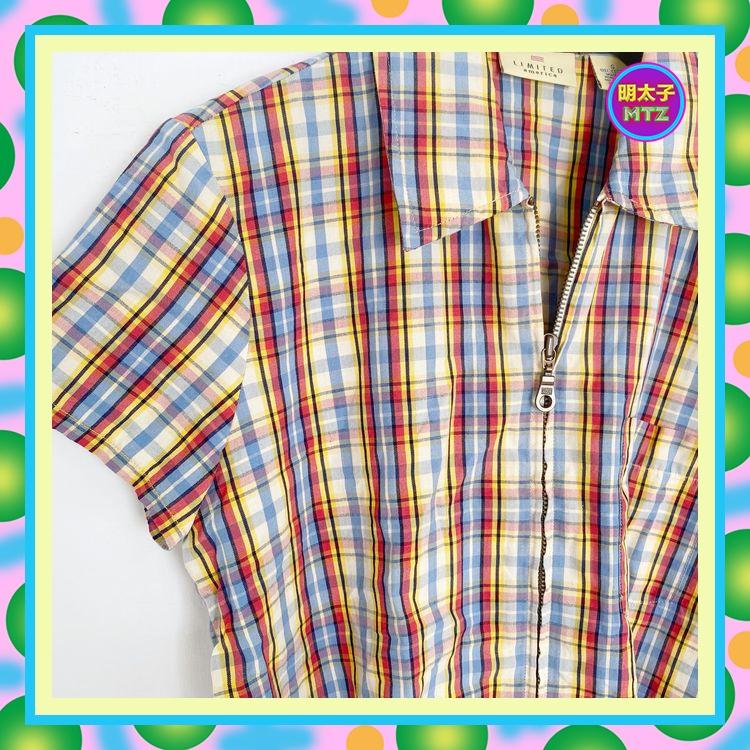 二手 彩色 格紋 拉鍊 小口袋 短袖 襯衫 E908 【明太子 古著應召站】-細節圖2