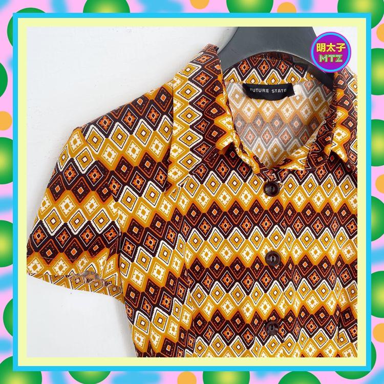 二手 咖啡色 菱格紋 彈性 短袖 襯衫 E825 【明太子 古著應召站】-細節圖2