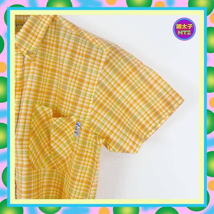 二手 橘藍綠 格紋 微彈性 短袖 襯衫 E811 【明太子 古著應召站】-細節圖2