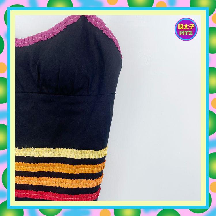 二手 ANNA SUI 黑彩色 織帶褶條 彈性 背心 E721 【明太子 古著應召站】-細節圖2