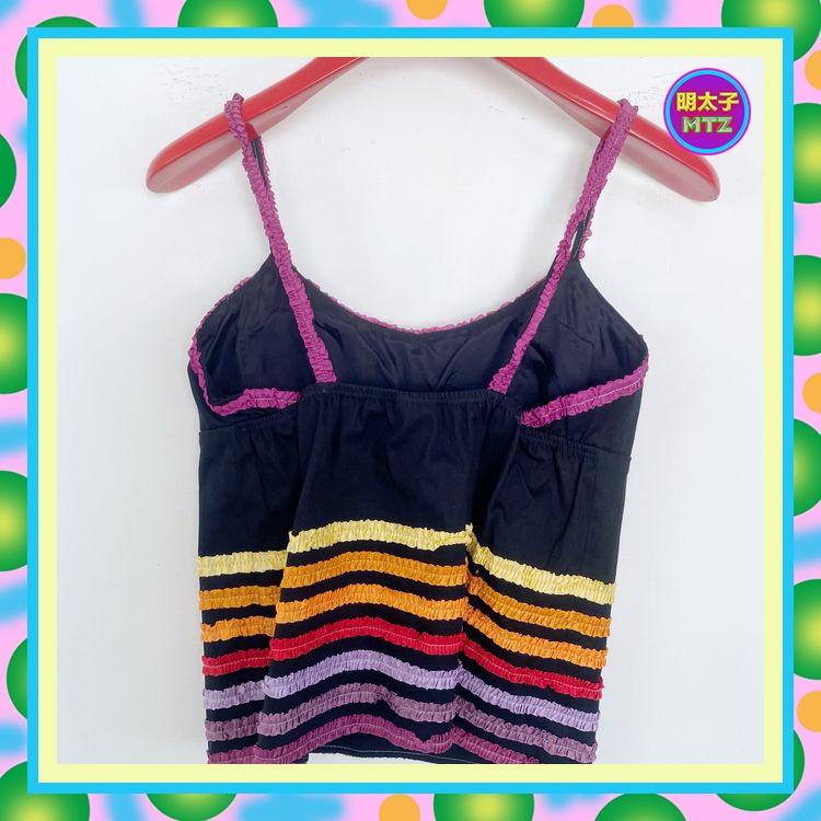 二手 ANNA SUI 黑彩色 織帶褶條 彈性 背心 E721 【明太子 古著應召站】-細節圖3