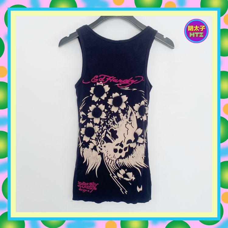 二手 ED HARDY  黑色 輕薄軟 老虎 彩色印花 貼鑽 高彈性 緊身 背心 E703 【明太子 古著應召站】-細節圖2