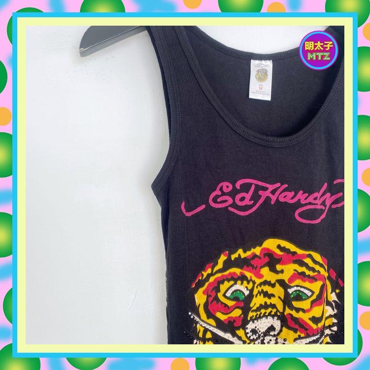 二手 ED HARDY  黑色 輕薄軟 老虎 彩色印花 貼鑽 高彈性 緊身 背心 E703 【明太子 古著應召站】-細節圖3