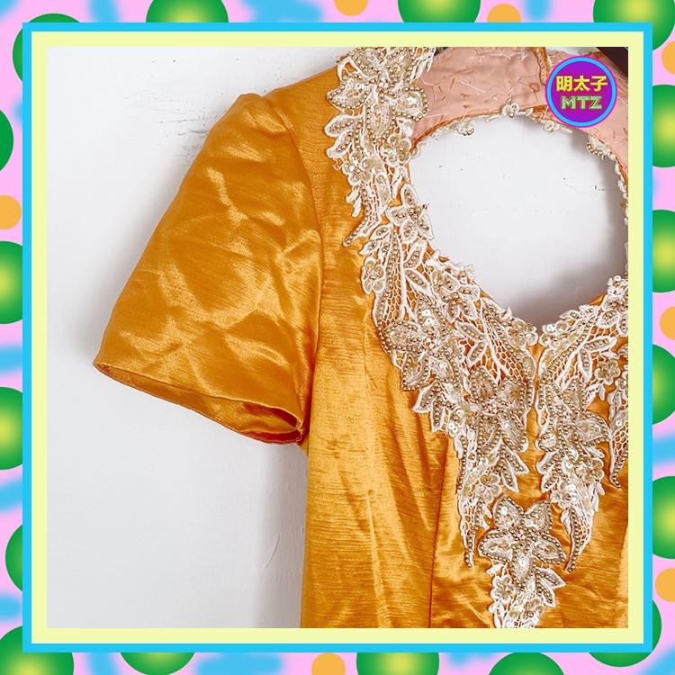 二手 橘色 光澤 蕾絲珠飾 禮服 短袖 洋裝 E516B 【明太子 古著應召站】-細節圖2