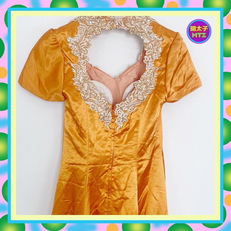 二手 橘色 光澤 蕾絲珠飾 禮服 短袖 洋裝 E516B 【明太子 古著應召站】-細節圖3