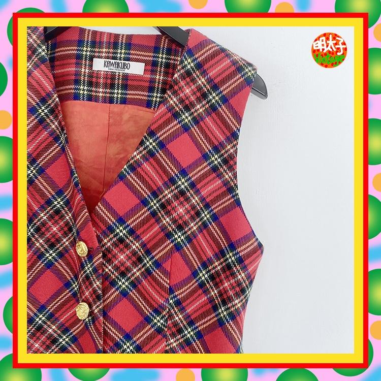 二手 KAWAKUBO 紅彩色 格紋 排釦 微毛料 背心 E311 【明太子 古著應召站】-細節圖2