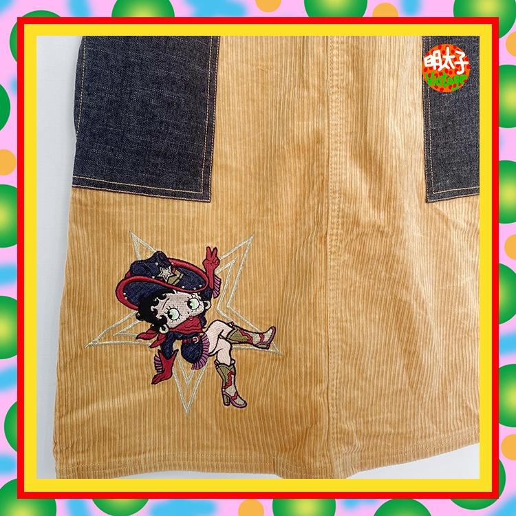 二手 貝蒂噗 棕橘藍配色 絨布 拼接 牛仔 微彈性 口袋 刺繡 洋裝 E116 【明太子 古著應召站】-細節圖3
