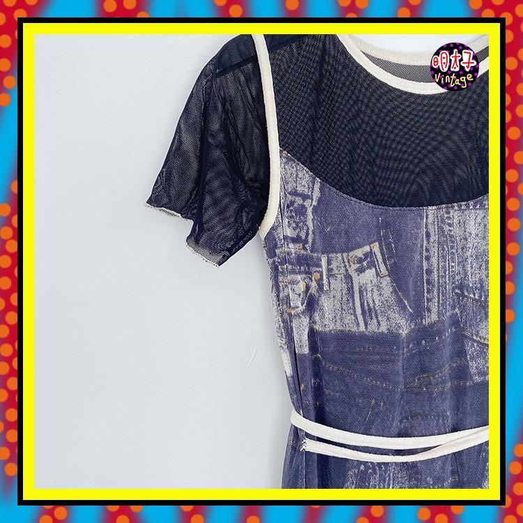 二手 黑灰藍配色 假兩件 網布印花 拼接 彈性 無拉鍊 腰綁帶 短袖 洋裝 D916 【明太子 古著應召站】-細節圖2