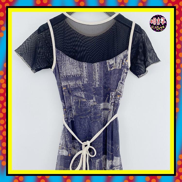 二手 黑灰藍配色 假兩件 網布印花 拼接 彈性 無拉鍊 腰綁帶 短袖 洋裝 D916 【明太子 古著應召站】-細節圖3