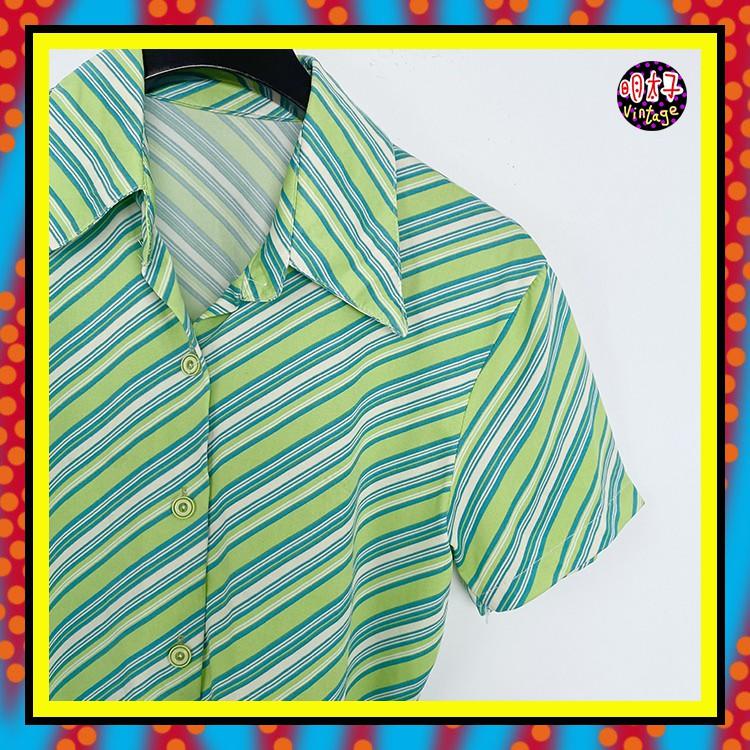 二手 藍綠白 條紋 彈性 短袖 襯衫 D906 【明太子 古著應召站】-細節圖2