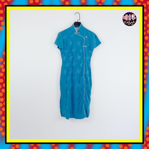 二手 藍色 織紋 輕薄飄逸 上排暗釦 旗袍式 古董 短袖 洋裝 D720 【明太子 古著應召站】