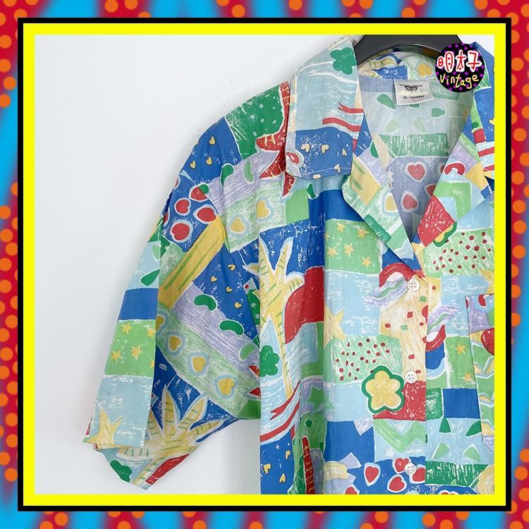 二手 藍彩色 印花 口袋 短袖 襯衫 D609 【明太子 古著應召站】-細節圖2