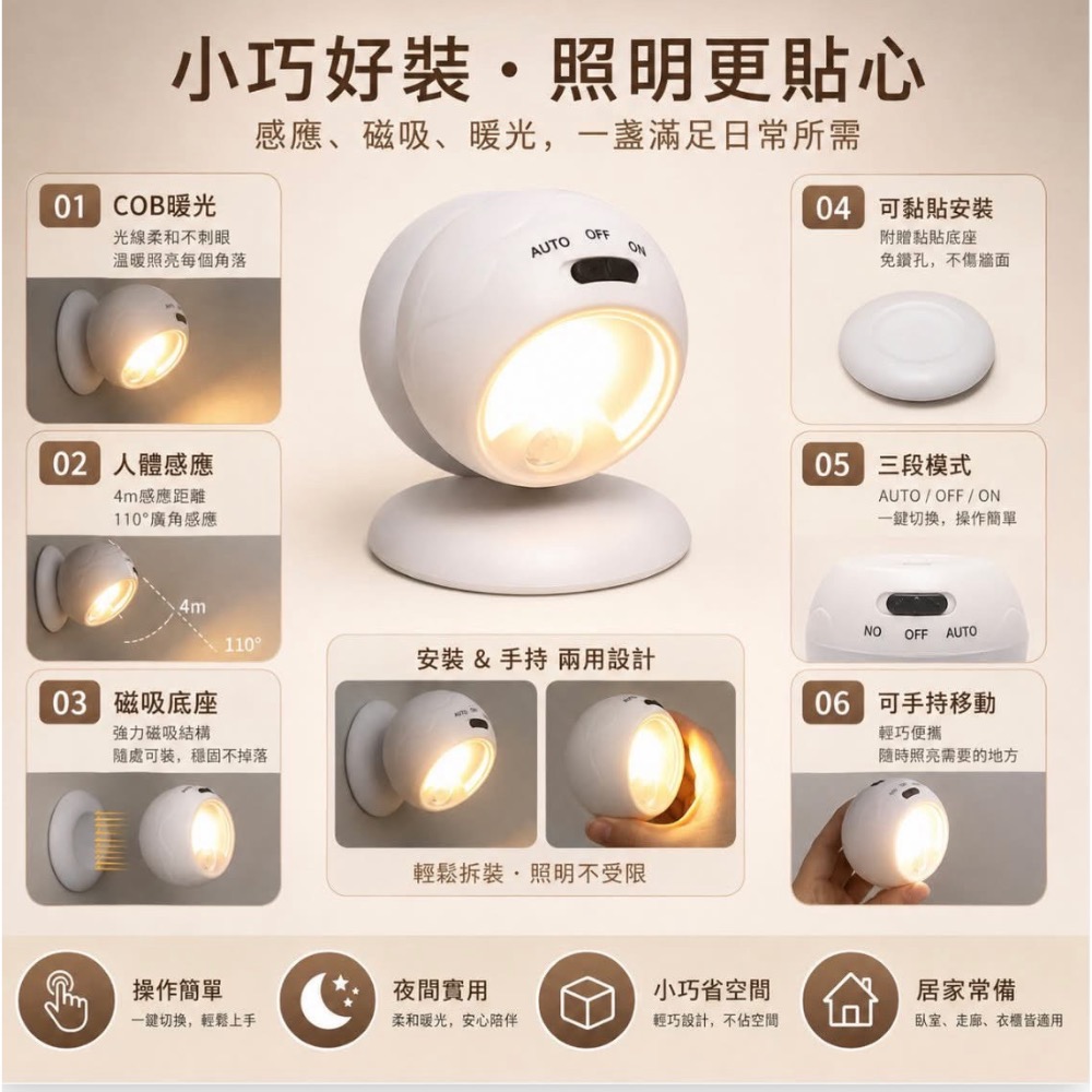 磁吸360º可手持COB人體感應燈小夜燈-細節圖11