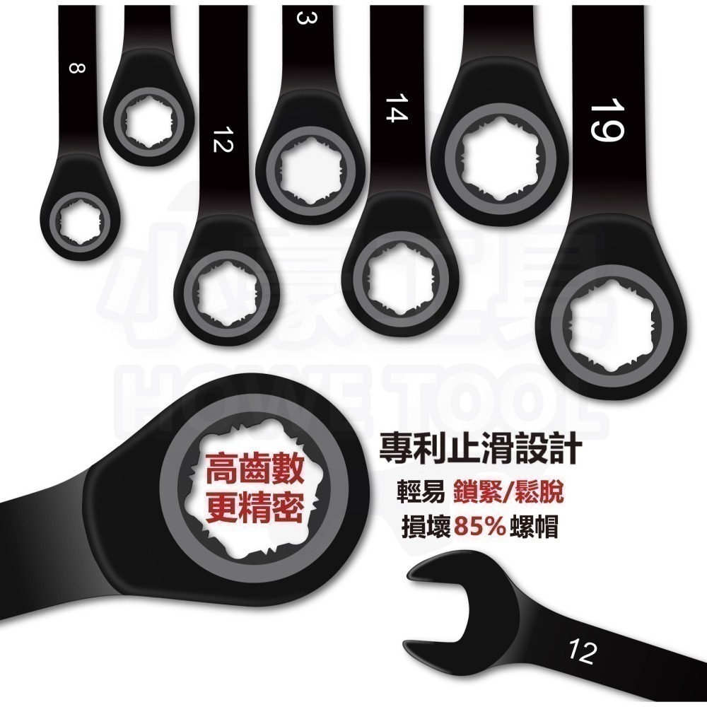 【MIT台灣製】現貨 電著黑 防滑 棘輪扳手 7入組(送扳手架)90齒/120齒 止滑扳手 開口扳手 梅開板手 拆滑牙-細節圖5