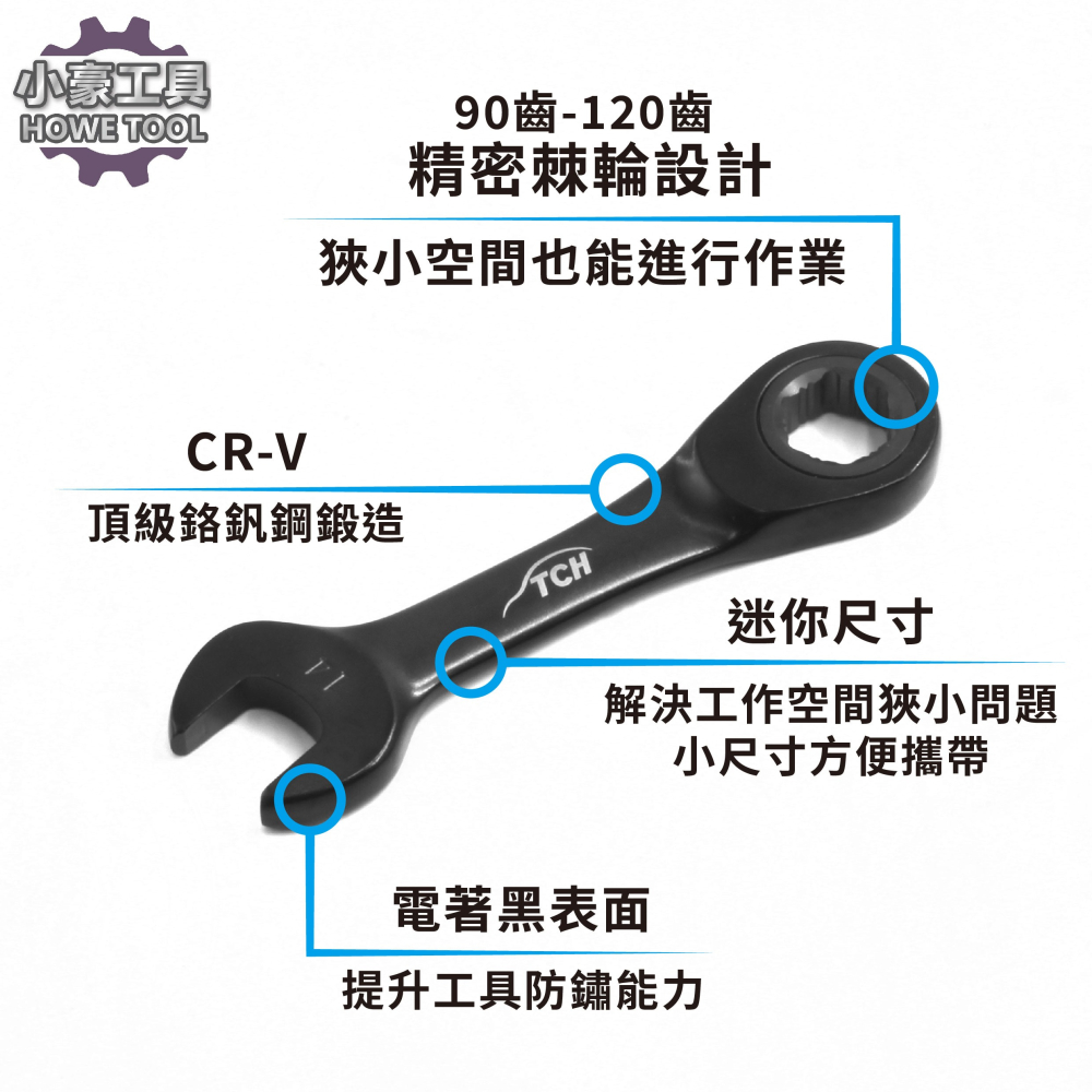 【台灣製造】迷你 防滑棘輪 短扳手組 7入 120齒 專利可拆滑牙 電著黑 梅開扳手 90齒 板手組-細節圖3