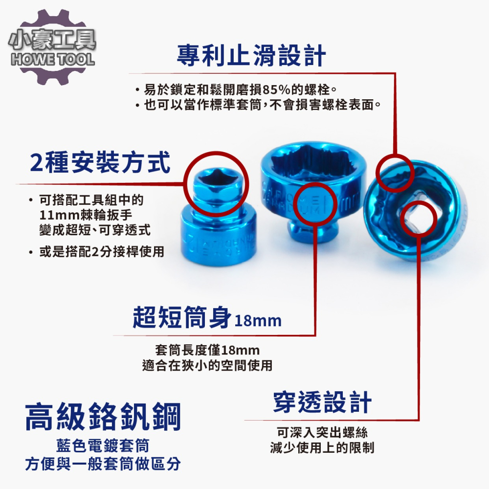 【台灣製造】2分 超短 穿透式 防滑套筒組 6-19mm 1/4＂ Dr. 手動套筒 專利設計 手工具 拆滑牙螺帽-細節圖3