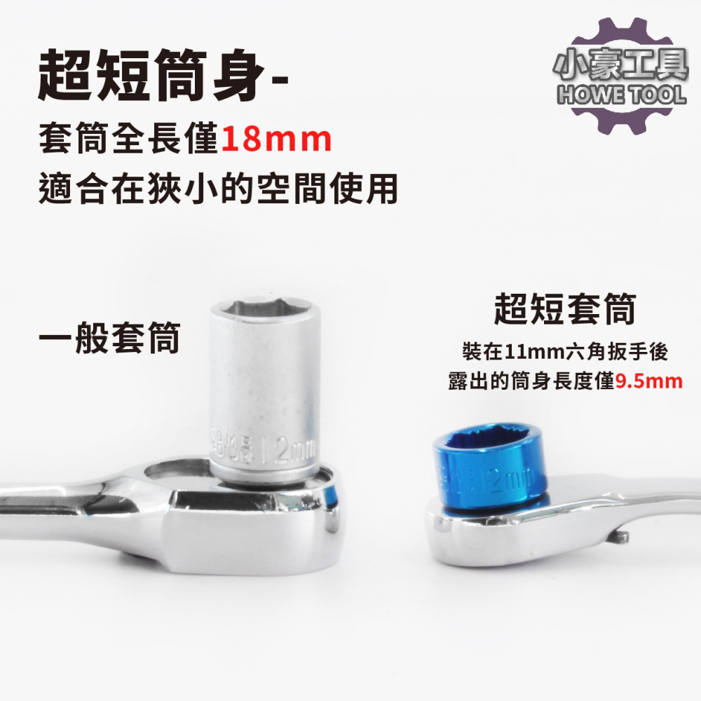 【台灣製造】2分 超短 穿透式 防滑套筒組 6-19mm 1/4＂ Dr. 手動套筒 專利設計 手工具 拆滑牙螺帽-細節圖7