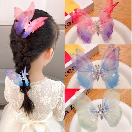 手工靈動蝴蝶兒童髮夾古風發飾女童會動的彈簧蝴蝶可愛夾子-粉藍色-細節圖2