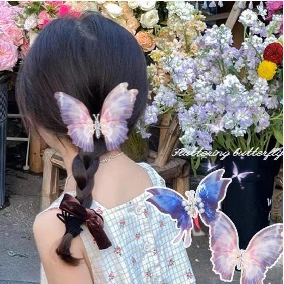 手工靈動蝴蝶兒童髮夾古風發飾女童會動的彈簧蝴蝶可愛夾子-粉藍色-細節圖3