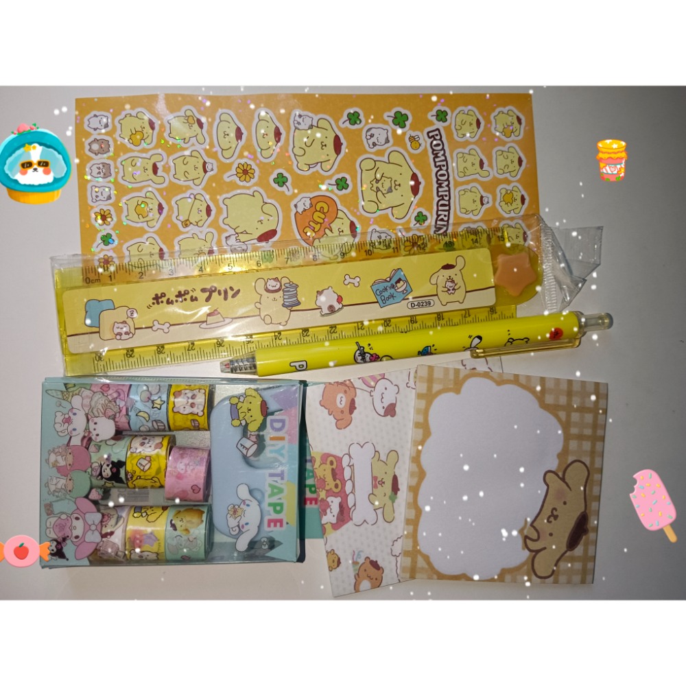 布丁狗文具6件組   N次貼2本  中性黑色原子筆  尺  貼紙  創意膠帶-細節圖2