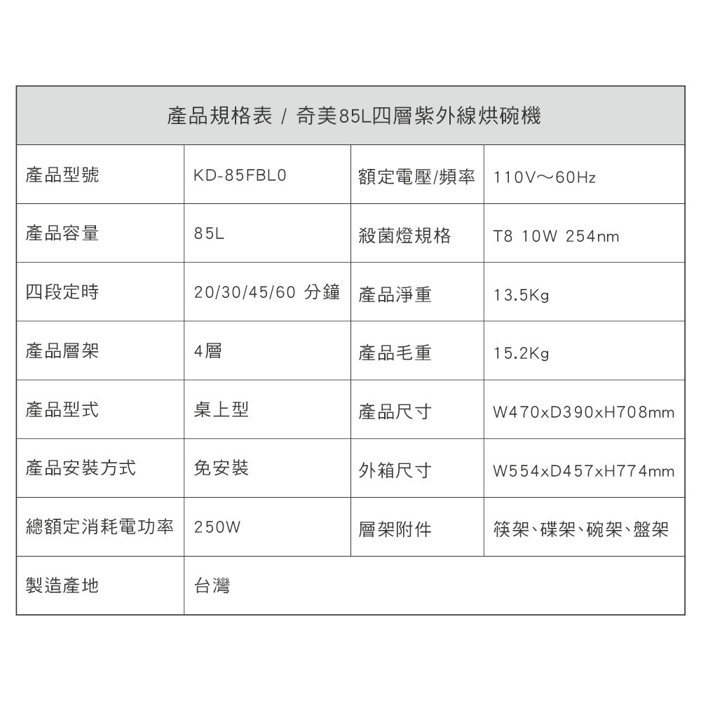 CHIMEI 奇美 85L 四層紫外線烘碗機 KD-85FBL0 【柏碩電器Bsmall】-細節圖8