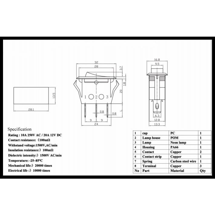 [買酷小舖]110V 帶燈開關 3pin 翹板開關 船型開關 15A125VAC/10A250VAC 鍍銀接點 洛可開關-細節圖5