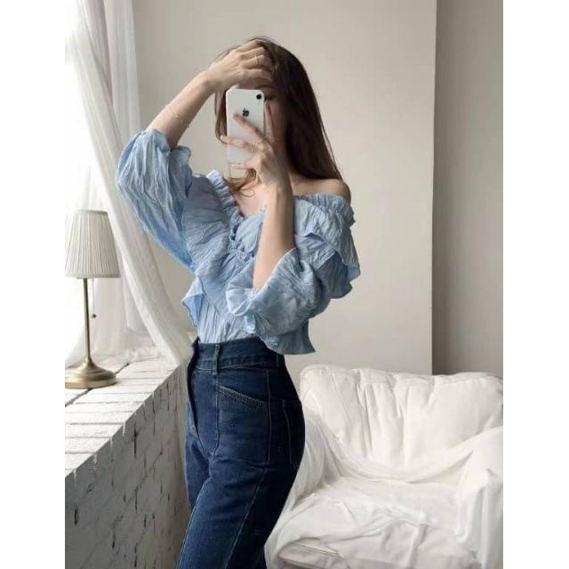 春裝新款
🇰🇷正韓 交叉荷葉衣 仙女小姐姐斜肩一字領 上衣-細節圖4