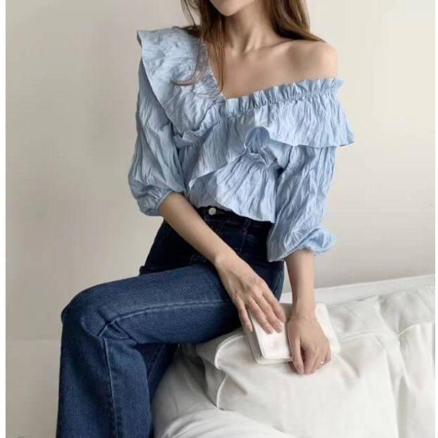 春裝新款
🇰🇷正韓 交叉荷葉衣 仙女小姐姐斜肩一字領 上衣-細節圖7