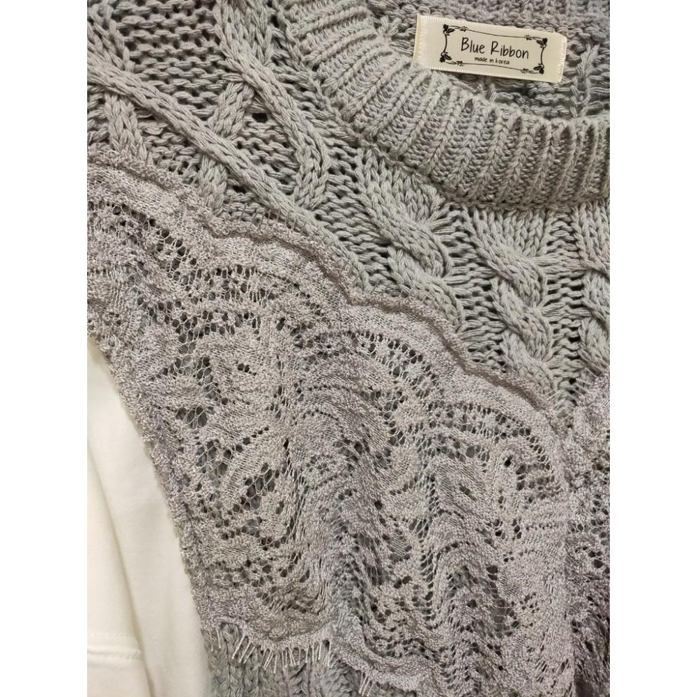 AK韓國連線 拼接針織上衣 假兩件 針織上衣 長袖上衣 女生上衣 緹花針織-細節圖6