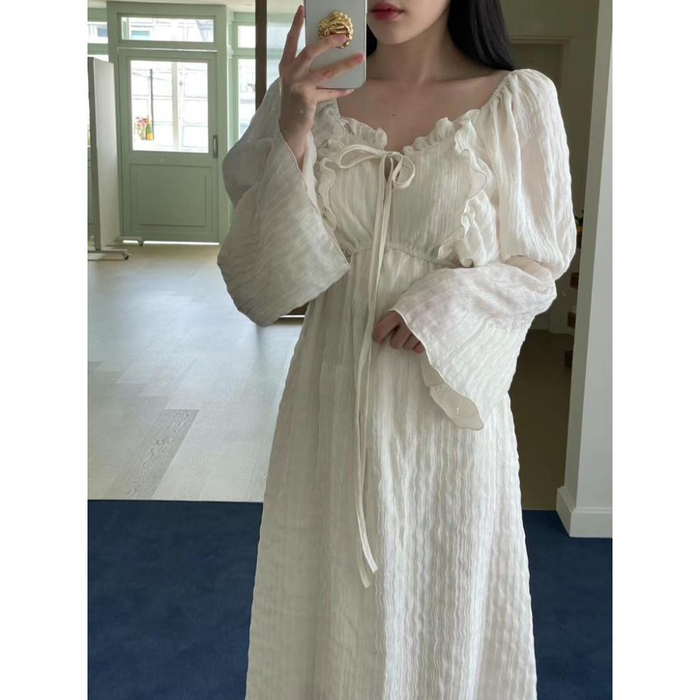 AK韓國連線 仙氣法式浪漫長洋裝 長袖洋裝 女生洋裝 約會穿搭-細節圖3